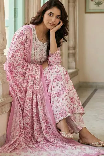 pink and white pure cotton anarkali regular kurta set