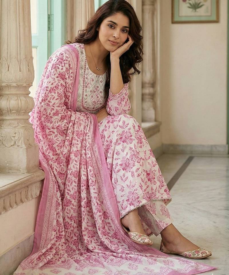 Anouk pink and white pure cotton anarkali regular kurta set