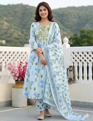 sky blue and white pure cotton anarkali pleated kurta set 1