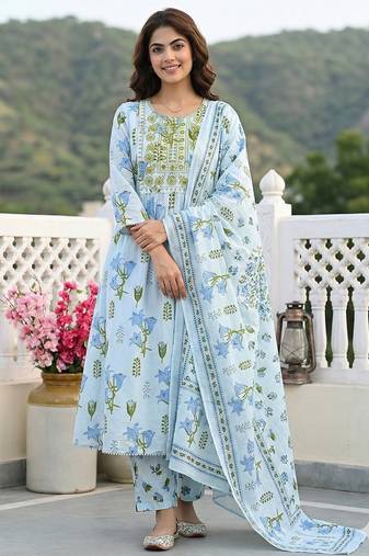 Anouk sky blue and white pure cotton anarkali pleated kurta set
