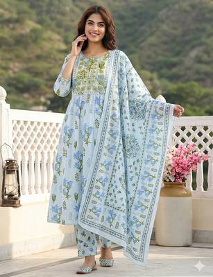 sky blue and white pure cotton anarkali pleated kurta set 2