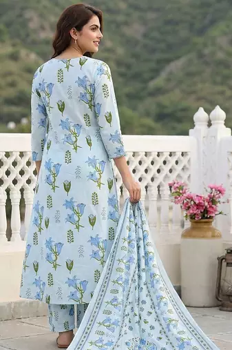 sky blue and white pure cotton anarkali pleated kurta set