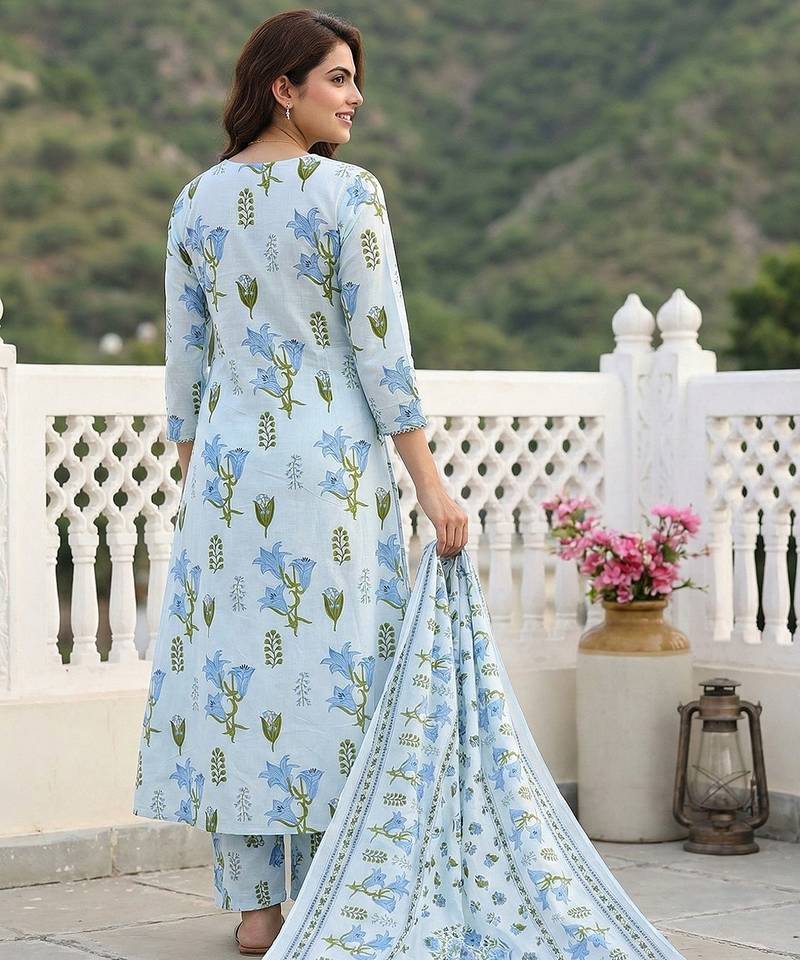 Anouk sky blue and white pure cotton anarkali pleated kurta set