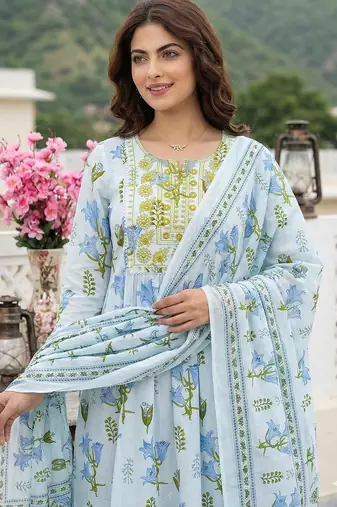 sky blue and white pure cotton anarkali pleated kurta set