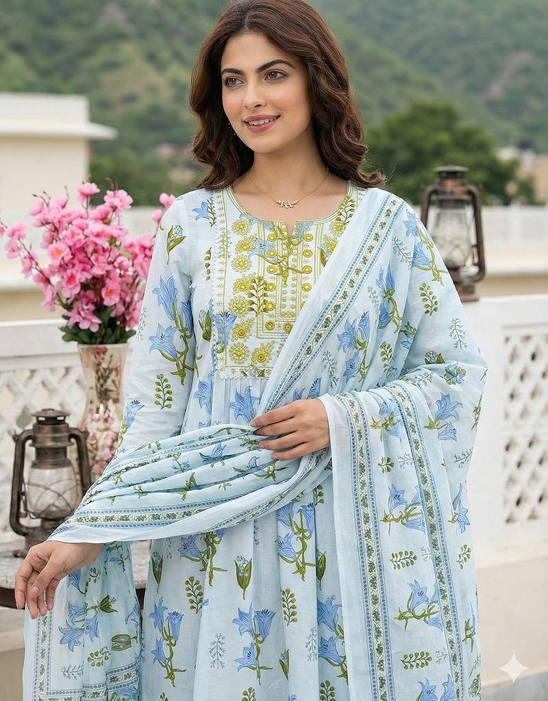 Anouk sky blue and white pure cotton anarkali pleated kurta set