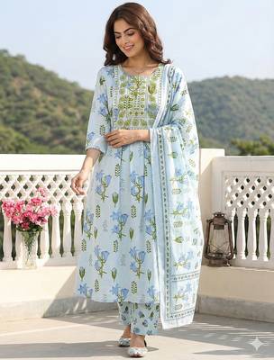 sky blue and white pure cotton anarkali pleated kurta set 5