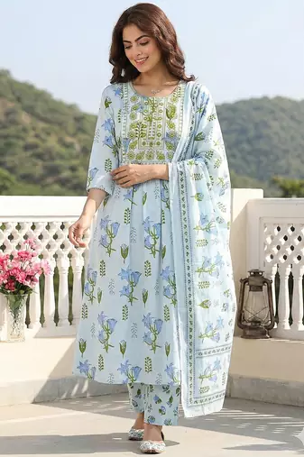sky blue and white pure cotton anarkali pleated kurta set