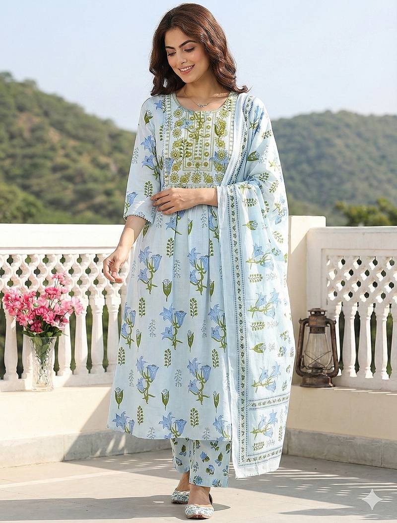 Anouk sky blue and white pure cotton anarkali pleated kurta set