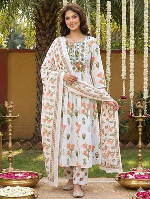 orange and white pure cotton anarkali pleated kurta set 1