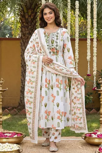 Anouk orange and white pure cotton anarkali pleated kurta set