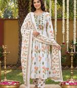 Anouk orange and white pure cotton anarkali pleated kurta set