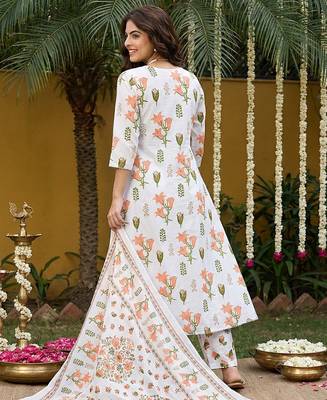 orange and white pure cotton anarkali pleated kurta set 2