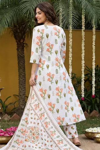 orange and white pure cotton anarkali pleated kurta set