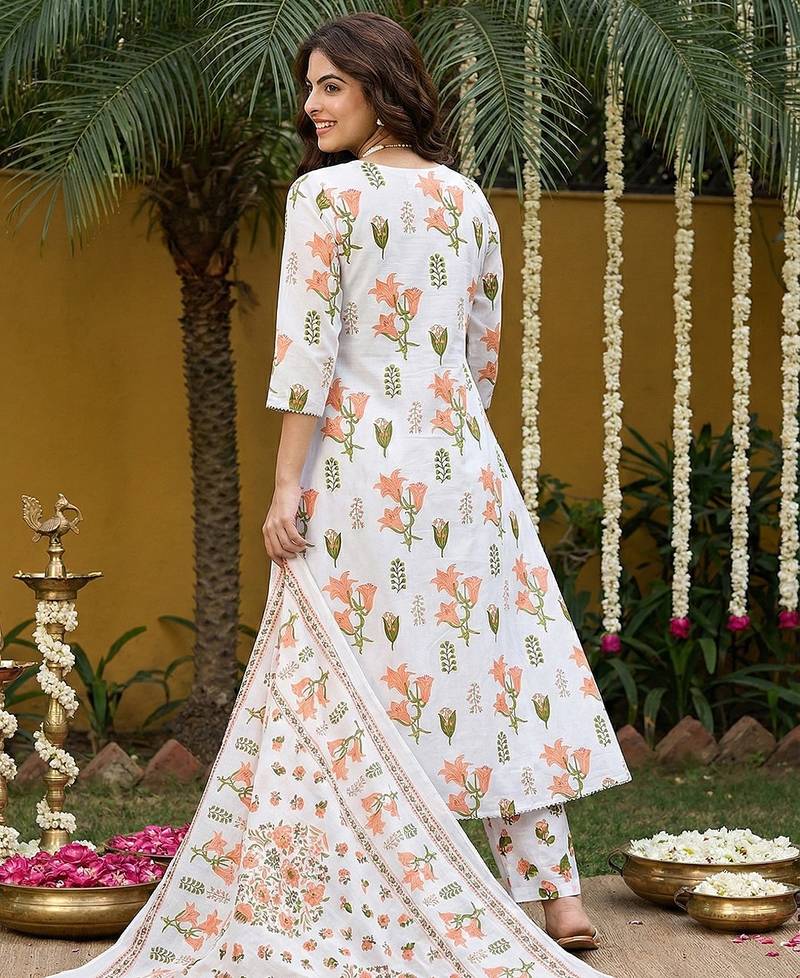 Anouk orange and white pure cotton anarkali pleated kurta set