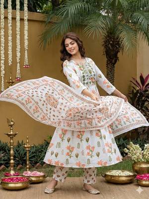orange and white pure cotton anarkali pleated kurta set 3