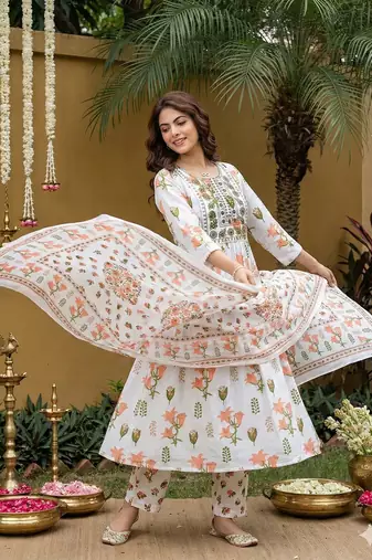 orange and white pure cotton anarkali pleated kurta set