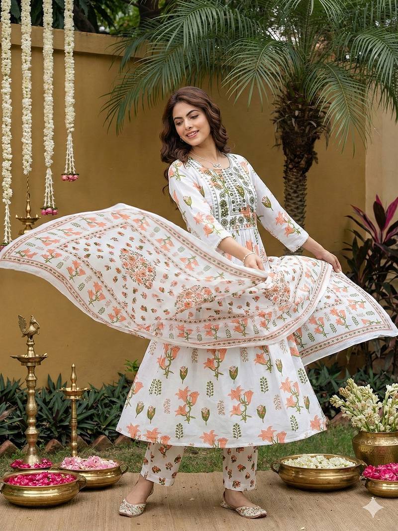 Anouk orange and white pure cotton anarkali pleated kurta set