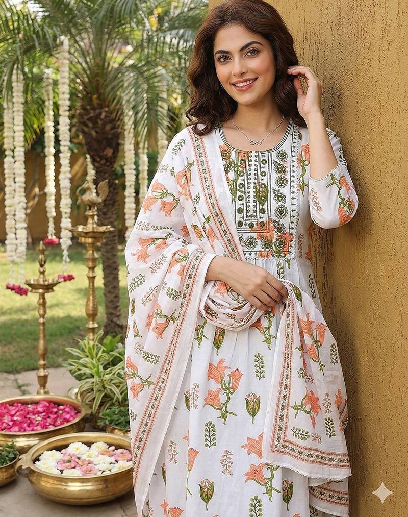 Anouk orange and white pure cotton anarkali pleated kurta set