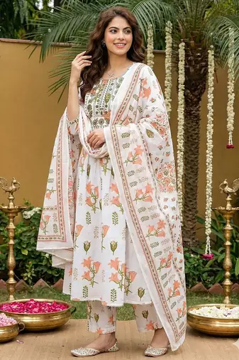 orange and white pure cotton anarkali pleated kurta set