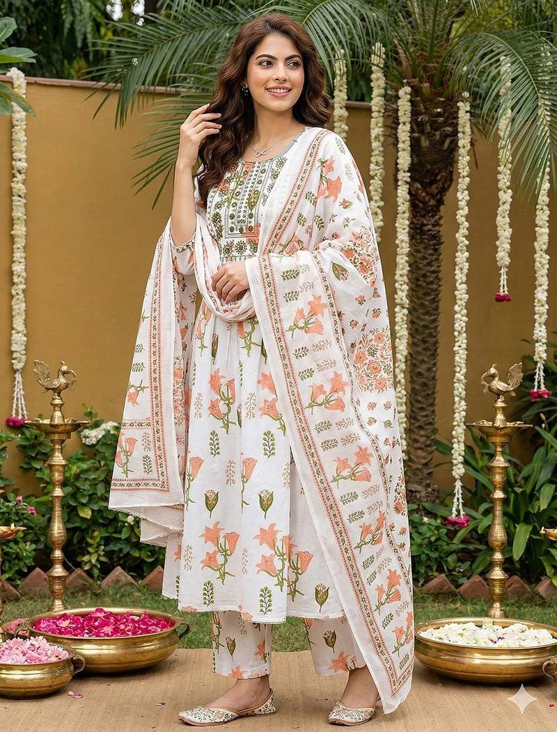 Anouk orange and white pure cotton anarkali pleated kurta set