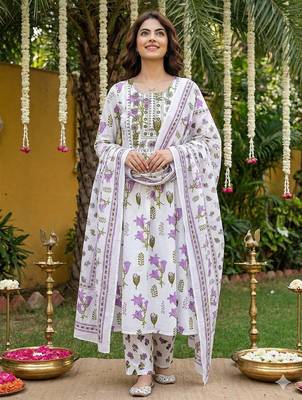 purple and white pure cotton anarkali pleated kurta set 1