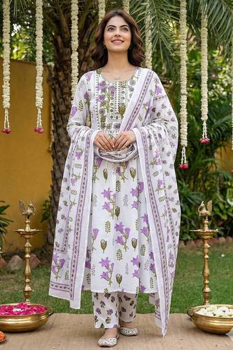 Anouk purple and white pure cotton anarkali pleated kurta set