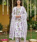 Anouk purple and white pure cotton anarkali pleated kurta set
