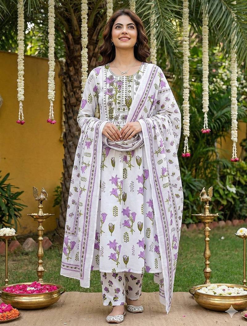 Anouk purple and white pure cotton anarkali pleated kurta set