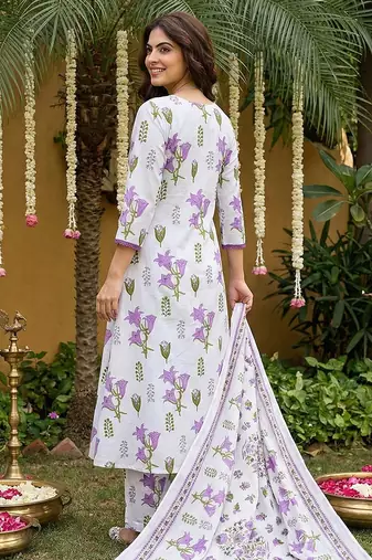 purple and white pure cotton anarkali pleated kurta set
