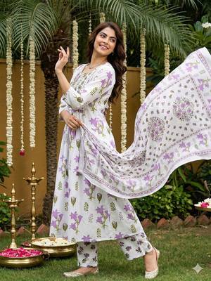 purple and white pure cotton anarkali pleated kurta set 3