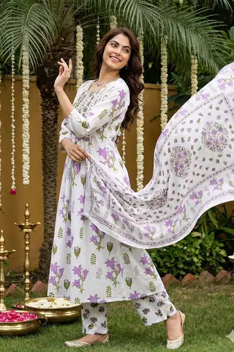 purple and white pure cotton anarkali pleated kurta set