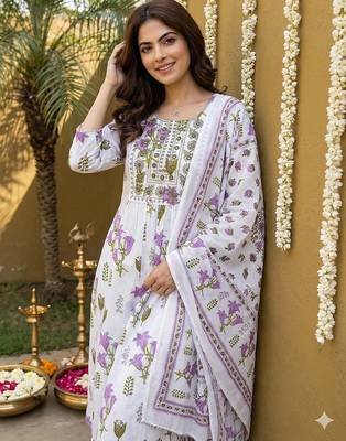 purple and white pure cotton anarkali pleated kurta set 4