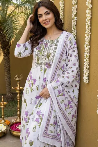 purple and white pure cotton anarkali pleated kurta set