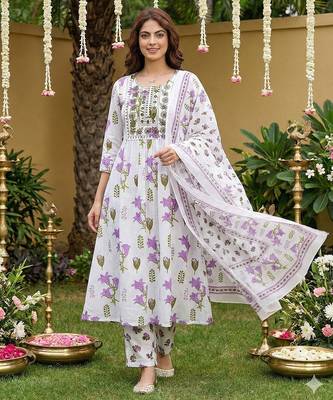 purple and white pure cotton anarkali pleated kurta set 5