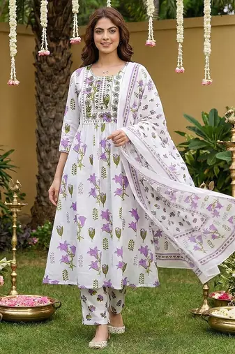 purple and white pure cotton anarkali pleated kurta set