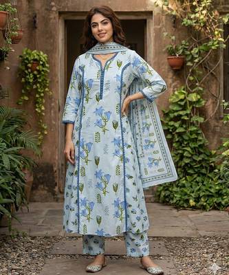 sky blue and white pure cotton a-line pleated kurta set 1