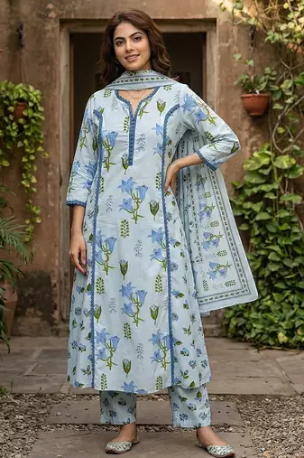 Anouk sky blue and white pure cotton a-line pleated kurta set