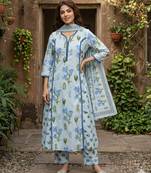 Anouk sky blue and white pure cotton a-line pleated kurta set