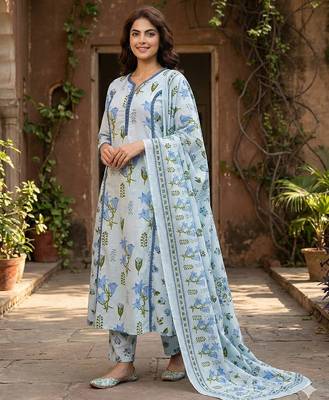 sky blue and white pure cotton a-line pleated kurta set 2