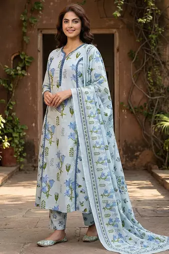sky blue and white pure cotton a-line pleated kurta set