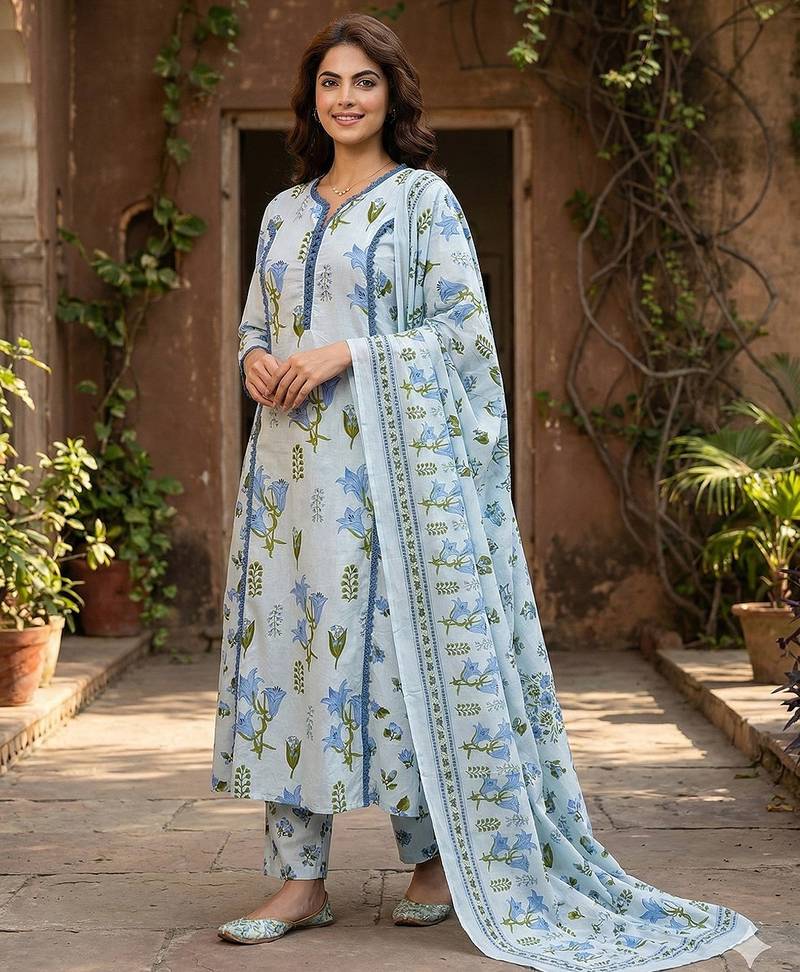 Anouk sky blue and white pure cotton a-line pleated kurta set
