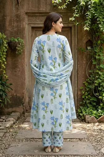 sky blue and white pure cotton a-line pleated kurta set