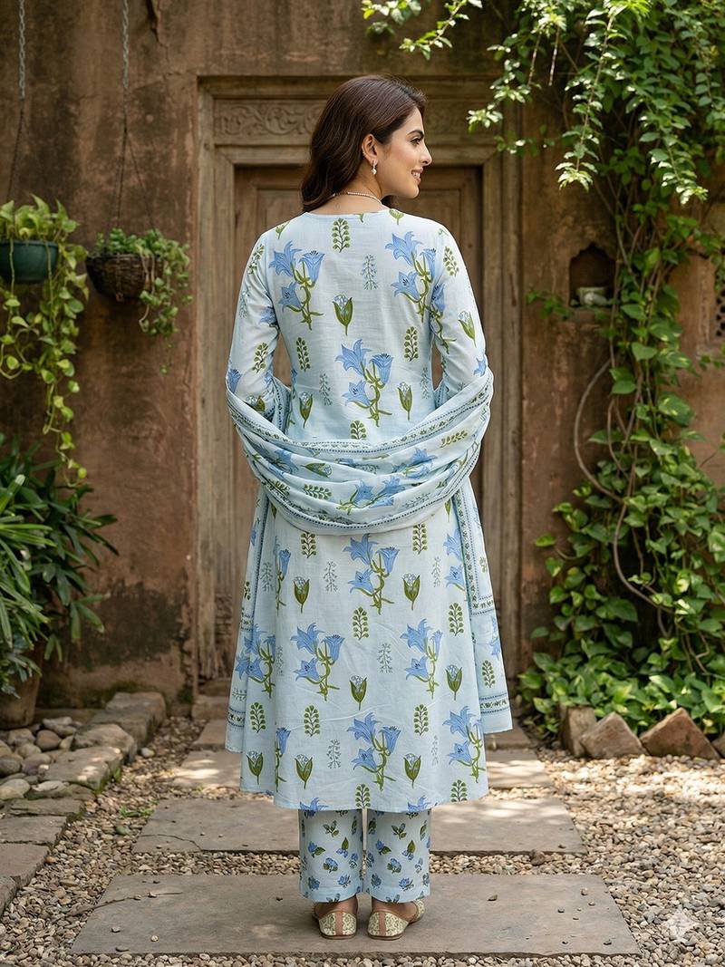 Anouk sky blue and white pure cotton a-line pleated kurta set