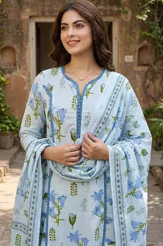 sky blue and white pure cotton a-line pleated kurta set