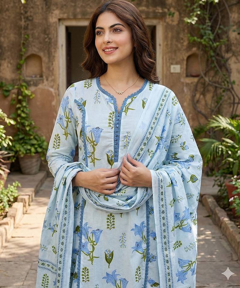 Anouk sky blue and white pure cotton a-line pleated kurta set