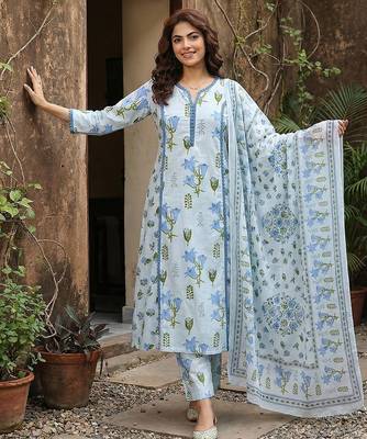 sky blue and white pure cotton a-line pleated kurta set 5