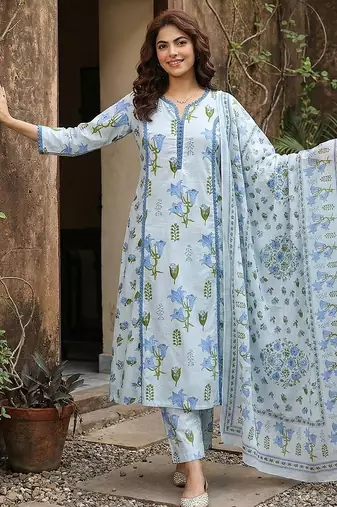 sky blue and white pure cotton a-line pleated kurta set