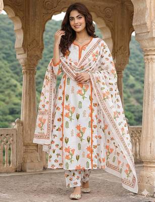 orange and white pure cotton a-line pleated kurta set 1