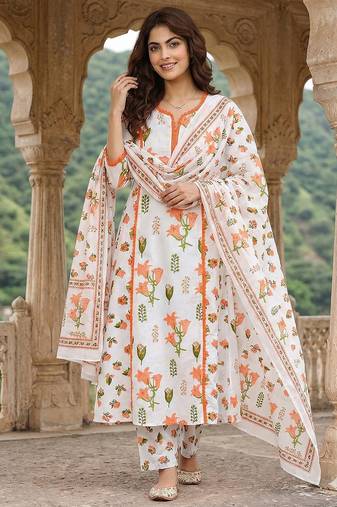 Anouk orange and white pure cotton a-line pleated kurta set