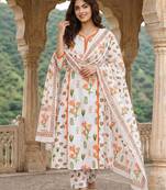 Anouk orange and white pure cotton a-line pleated kurta set